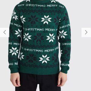 MAN Boohoo Man Merry Christmas Fairisle Jumper Forest Knitted Sweater Mens L NWT